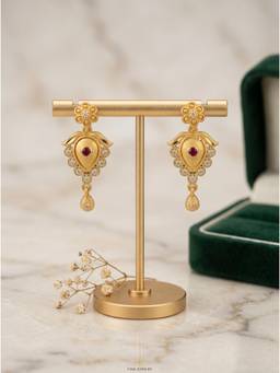 Gahan - Traditional Gold-Tone Floral Drop Earrings with CZ & Ruby Stone