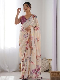 Odette - Women Cream Georgette Floral Saree with Unstitched Blouse