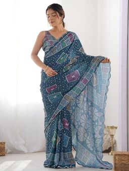 Odette - Women Blue Georgette Printed Saree with Unstitched Blouse