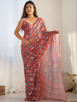 Odette - Women Red Georgette Printed Saree with Unstitched Blouse