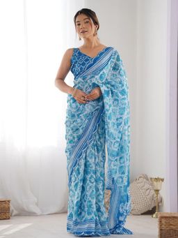 Odette - Women Blue Georgette Floral Saree with Unstitched Blouse