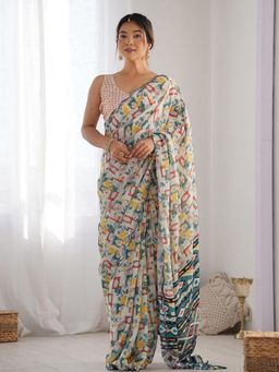 Odette - Women White Georgette Printed Saree with Unstitched Blouse