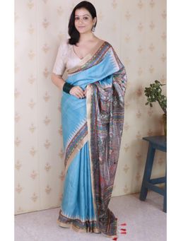 SGF11 - Women Blue Kanjeevaram Floral Saree with Unstitched Blouse