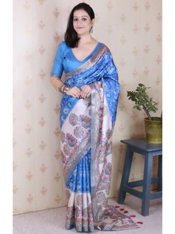 SGF11 - Women Blue Tussar Silk Floral Saree with Unstitched Blouse