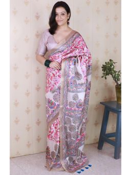 SGF11 - Women Pink Tussar Silk Floral Saree with Unstitched Blouse