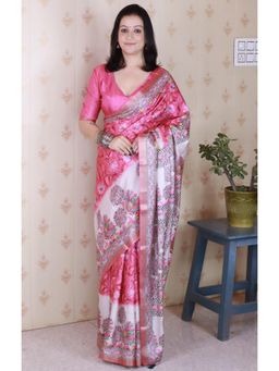 SGF11 - Women Pink Tussar Silk Floral Saree with Unstitched Blouse