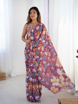 Lush Glam - Women Maroon Chinon Printed Saree with Unstitched Blouse