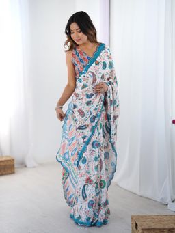 Lush Glam - Women Multi-Color Chinon Floral Saree with Unstitched Blouse