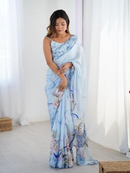 Lush Glam - Women Blue Chinon Floral Saree with Unstitched Blouse