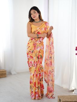 Lush Glam - Women Yellow Chinon Floral Saree with Unstitched Blouse
