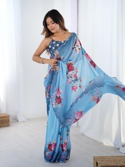 Lush Glam - Women Blue Chinon Floral Saree with Unstitched Blouse