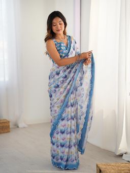 Lush Glam - Women Blue Chinon Floral Saree with Unstitched Blouse