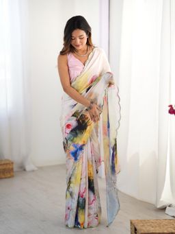 Lush Glam - Women Multi-Color Chinon Floral Saree with Unstitched Blouse