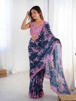Lush Glam - Women Blue Chinon Floral Saree with Unstitched Blouse