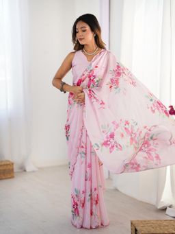 Lush Glam - Women Pink Chinon Floral Saree with Unstitched Blouse