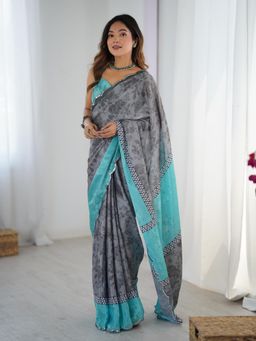Lush Glam - Women Grey Chinon Floral Saree with Unstitched Blouse