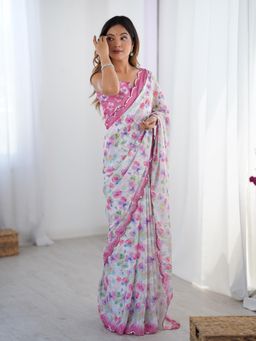 Lush Glam - Women Pink Chinon Floral Saree with Unstitched Blouse