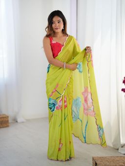 Lush Glam - Women Yellow Chinon Floral Saree with Unstitched Blouse