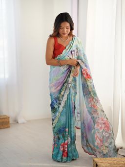 Lush Glam - Women Multi-Color Chinon Floral Saree with Unstitched Blouse