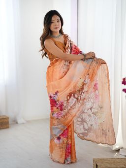 Lush Glam - Women Multi-Color Chinon Floral Saree with Unstitched Blouse