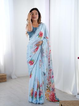 Lush Glam - Women Blue Chinon Floral Saree with Unstitched Blouse