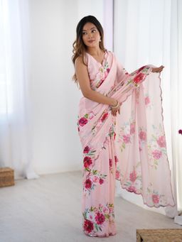 Lush Glam - Women Pink Chinon Floral Saree with Unstitched Blouse