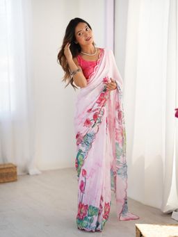 Lush Glam - Women Multi-Color Chinon Floral Saree with Unstitched Blouse