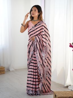 Lush Glam - Women Multi-Color Chinon Stripes Saree with Unstitched Blouse