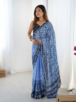 Lush Glam - Women Blue Chinon Printed Saree with Unstitched Blouse
