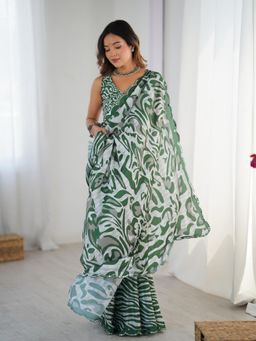 Lush Glam - Women Green Chinon Printed Saree with Unstitched Blouse
