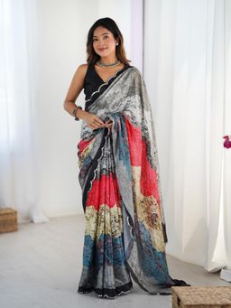 Lush Glam - Women Multi-Color Chinon Printed Saree with Unstitched Blouse