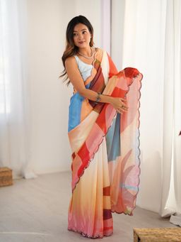 Lush Glam - Women Multi-Color Chinon Printed Saree with Unstitched Blouse