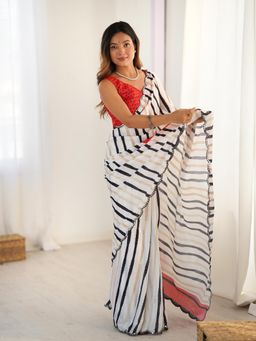 Lush Glam - Women Multi-Color Chinon Stripes Saree with Unstitched Blouse