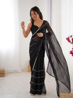 Lush Glam - Women Black Silk Embellished Saree with Unstitched Blouse