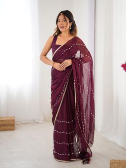 Lush Glam - Women Wine Silk Embellished Saree with Unstitched Blouse