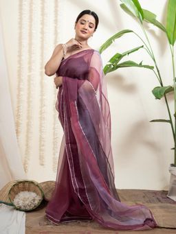 Save As - Women Leher Purple Organza Silk Saree Without Blouse