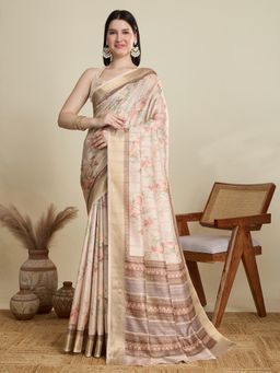 Suha - Women Cream Blended Floral Saree with Unstitched Blouse