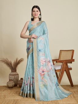 Suha - Women Blue Blended Floral Saree with Unstitched Blouse