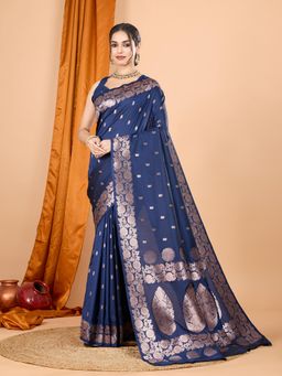 Suha - Women Navy Blue Art Silk Woven Saree with Unstitched Blouse