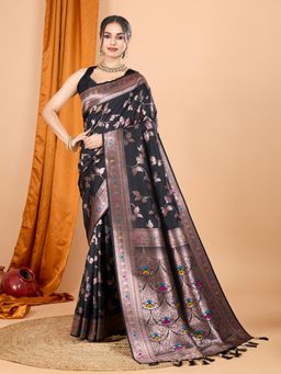 Suha - Women Black Art Silk Woven Saree with Unstitched Blouse