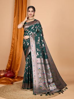 Suha - Women Green Art Silk Woven Saree with Unstitched Blouse
