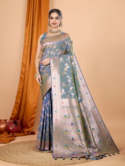 Suha - Women Grey Art Silk Woven Saree with Unstitched Blouse
