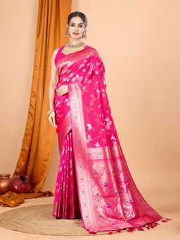 Suha - Women Pink Art Silk Woven Saree with Unstitched Blouse