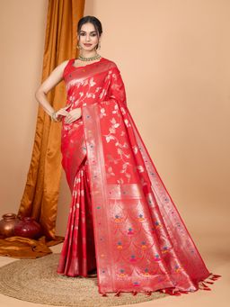 Suha - Women Red Art Silk Woven Saree with Unstitched Blouse