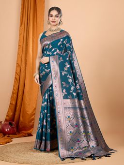 Suha - Women Blue Art Silk Woven Saree with Unstitched Blouse