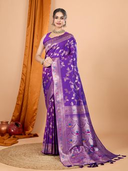 Suha - Women Purple Art Silk Woven Saree with Unstitched Blouse