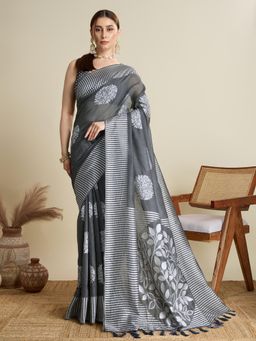 Suha - Women Grey Art Silk Woven Saree with Unstitched Blouse