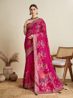 Suha - Women Pink Cotton Floral Saree with Unstitched Blouse