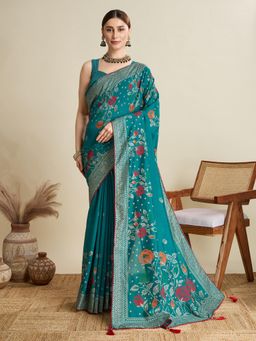Suha - Women Green Cotton Floral Saree with Unstitched Blouse