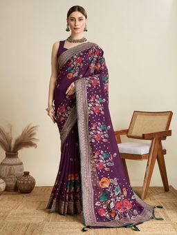 Suha - Women Purple Cotton Floral Saree with Unstitched Blouse